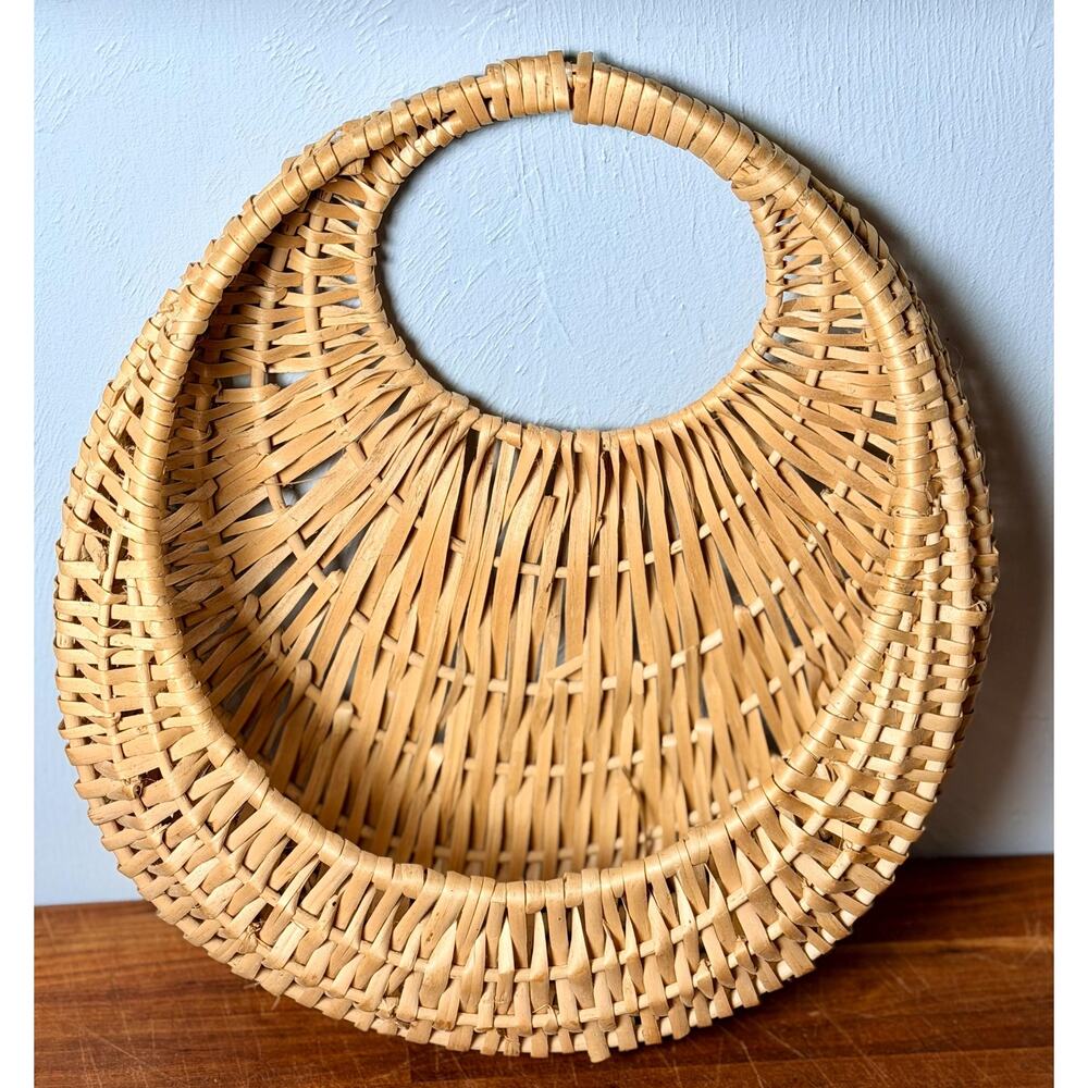 1970s Woven Wicker Wall Basket: Round Boho Farmhouse Decor (13-14" Tall) - Picture 7 of 10